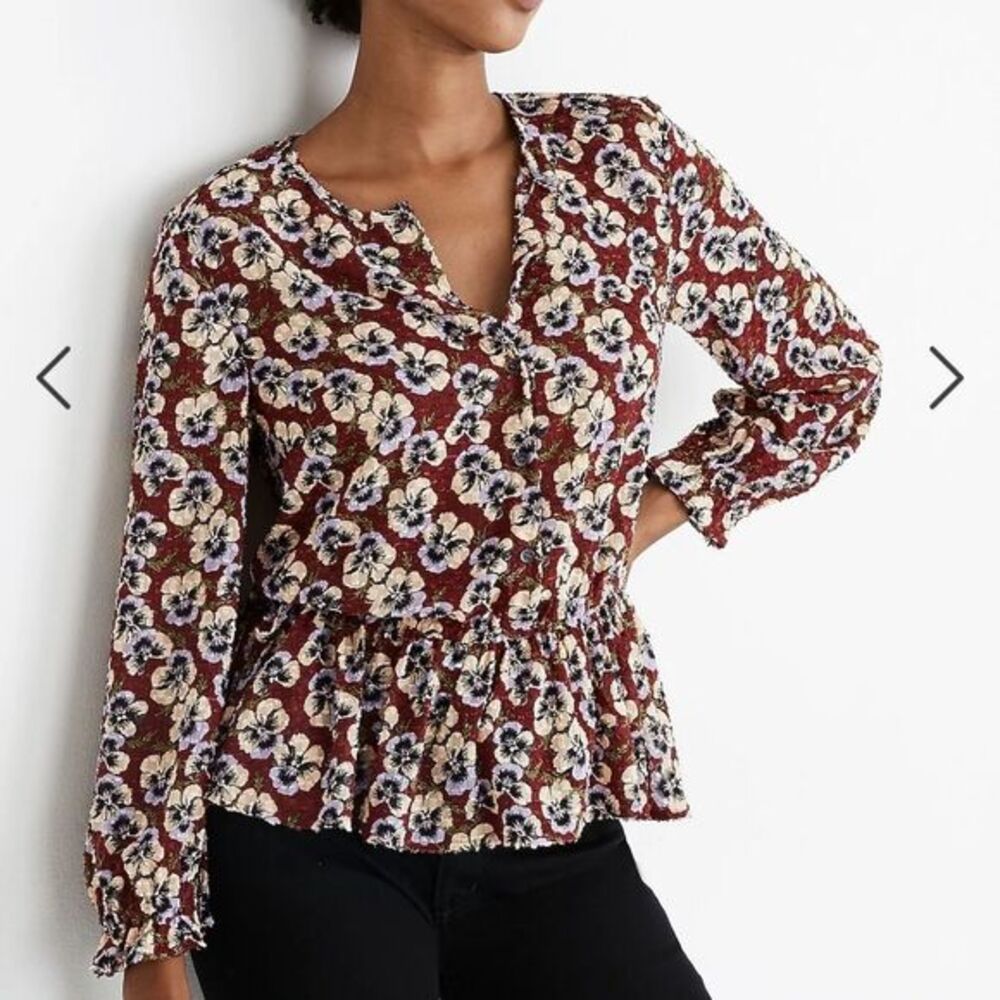 Madewell‎ -565 Drawstring Ruffle-Hem Top Blouse in Viola Floral Burgundy Medium